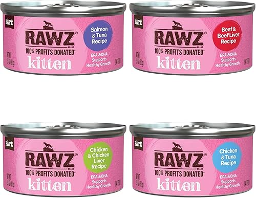 Miniatura 2 de Rawz Natural Premium Kitten Pate - Alimento húmedo enlatado para gatos, paquete de 12 latas de sabores variados, 4 sabores, (Salmón, pollo, atún,