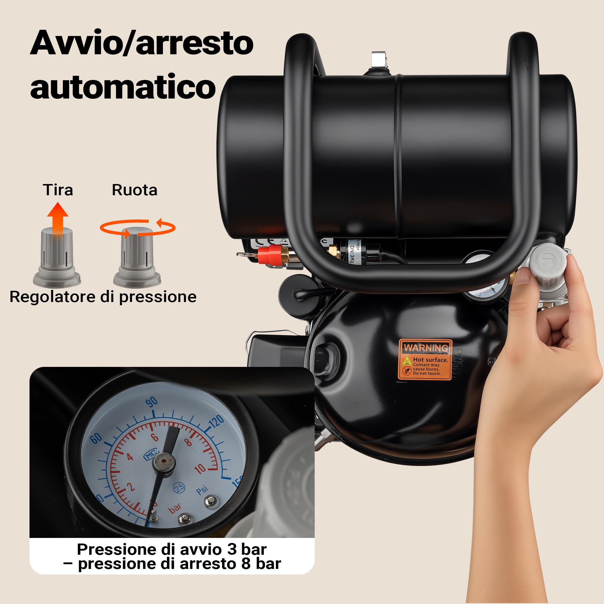 Wiltec Compressore aerografo HO-826, aria compressa 45-52 l/min, compressore per pistola aerografo, serbatoio olio da 2000 ml, 3-8 bar per aerografia