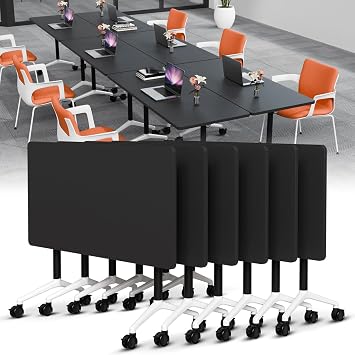 Folding Conference Room Tables,Mobile Training Table with Wheels - Rectangular Large Business Seminar Furniture Tables for Office,Meeting Room,School,Wooden 6, Black B, 55IN