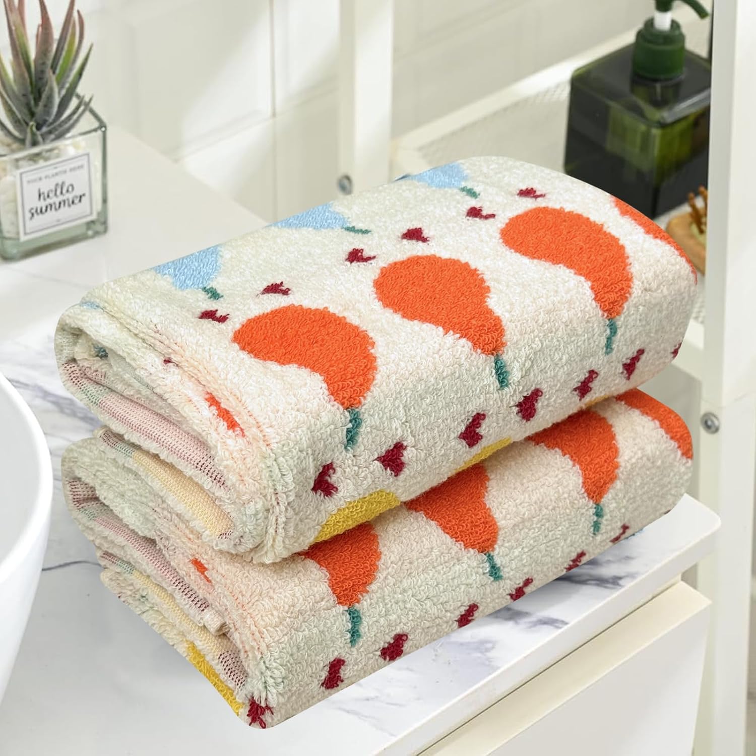USTIDE Cute Fruit Hand Towel Pear Kitchen Dish Towel Set of 2 100% Cotton Soft Absorbent Face Towels Bathroom Farmhouse Tea Towels Holiday Home Decor 14 x 30 Inch, Beige