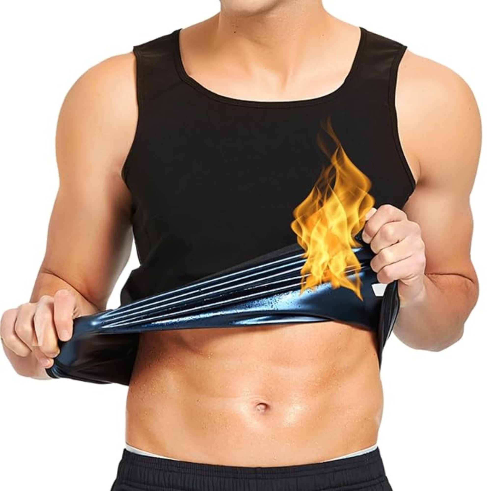 Sweat Shaper Men's Workout Tank Top Slimming Polymer Sauna Vest for Weight Loss Body Shaper and Fat Burn Gym Fitness Compression Shirt Black