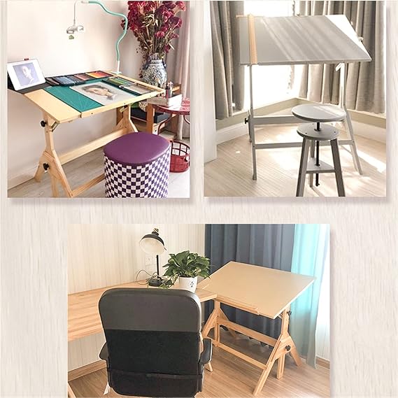 Solid Wood Drawing Table, Height Adjustable Tilting Tabletop Artist Drawing Desk, Writing Desk Studio Desk with Liftable Stool