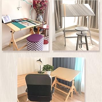 Solid Wood Drawing Table, Height Adjustable Tilting Tabletop Artist Drawing Desk, Writing Desk Studio Desk with Liftable Stool