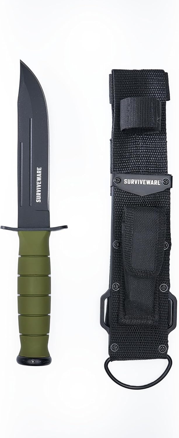 Surviveware 10.5-Inch Fixed Blade Tactical Knife with 6-inch Carbon Steel Blade and Rubber Wrapped Aluminum Handle for Camping, Hunting, EDC, and Survival. Surviveware 10.5-Inch Fixed Blade Tactical Knife with 6-inch Carbon Steel Blade and Rubber Wrapped Aluminum Handle for Camping, Hunting, EDC, and Survival.