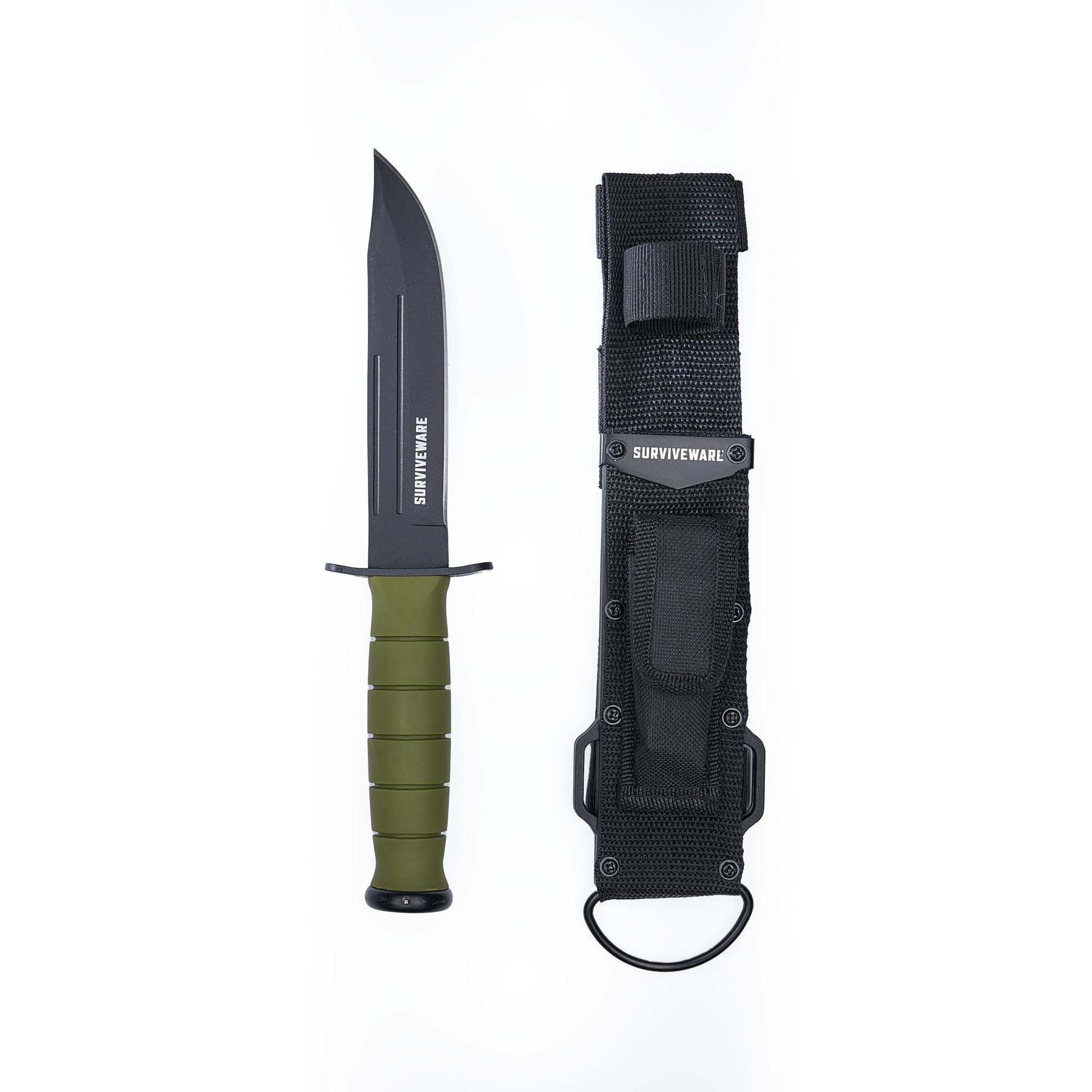 Surviveware 10.5-Inch Fixed Blade Tactical Knife with 6-inch Carbon Steel Blade and Rubber Wrapped Aluminum Handle for Camping, Hunting, EDC, and Survival.