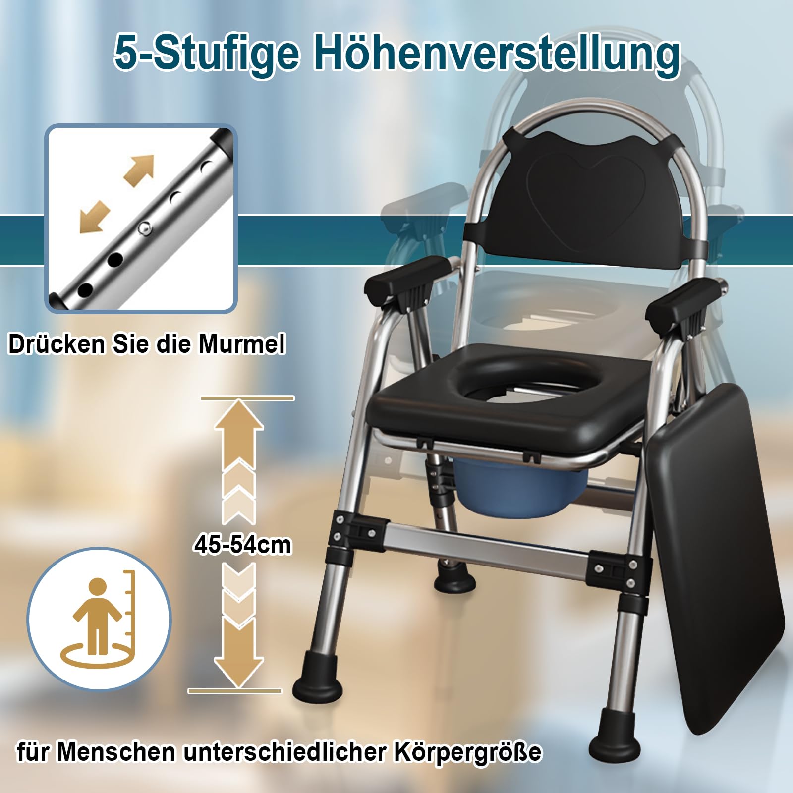 Toilettenstuhl für Senioren Klappbar, Höhenverstellbar Toilettenstühle Duschstuhl mit Toiletteneimer & Doppelkissen, Bequem Rutschfest WC Stuhl Nachtstuhl bis 200kg für Behinderte Schwangere (Schwarz)