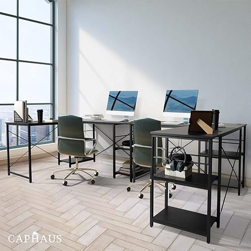 Miniatura 9 de CAPHAUS Escritorio para computadora, escritorio de oficina en casa en forma de L de 59 pulgadas con estantes de almacenamiento de 2 niveles,