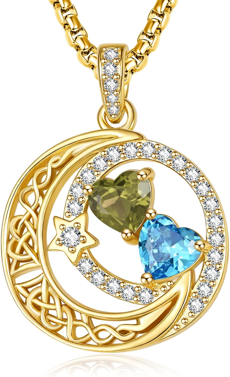 14K Gold Moon and Star Valentines Necklace Gifts for Women - Double Heart Birthston...