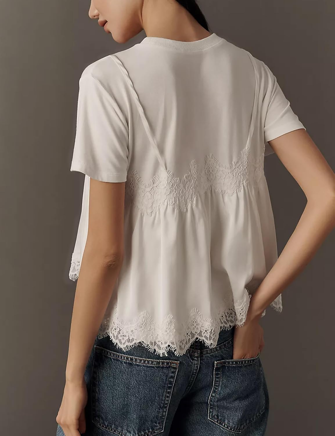 Lace Tops for Women Crew Neck Short Sleeve Blouse Ruffled Flowy Hem T-Shirts 2 in 1 Tank Blouse Summer T Shirts