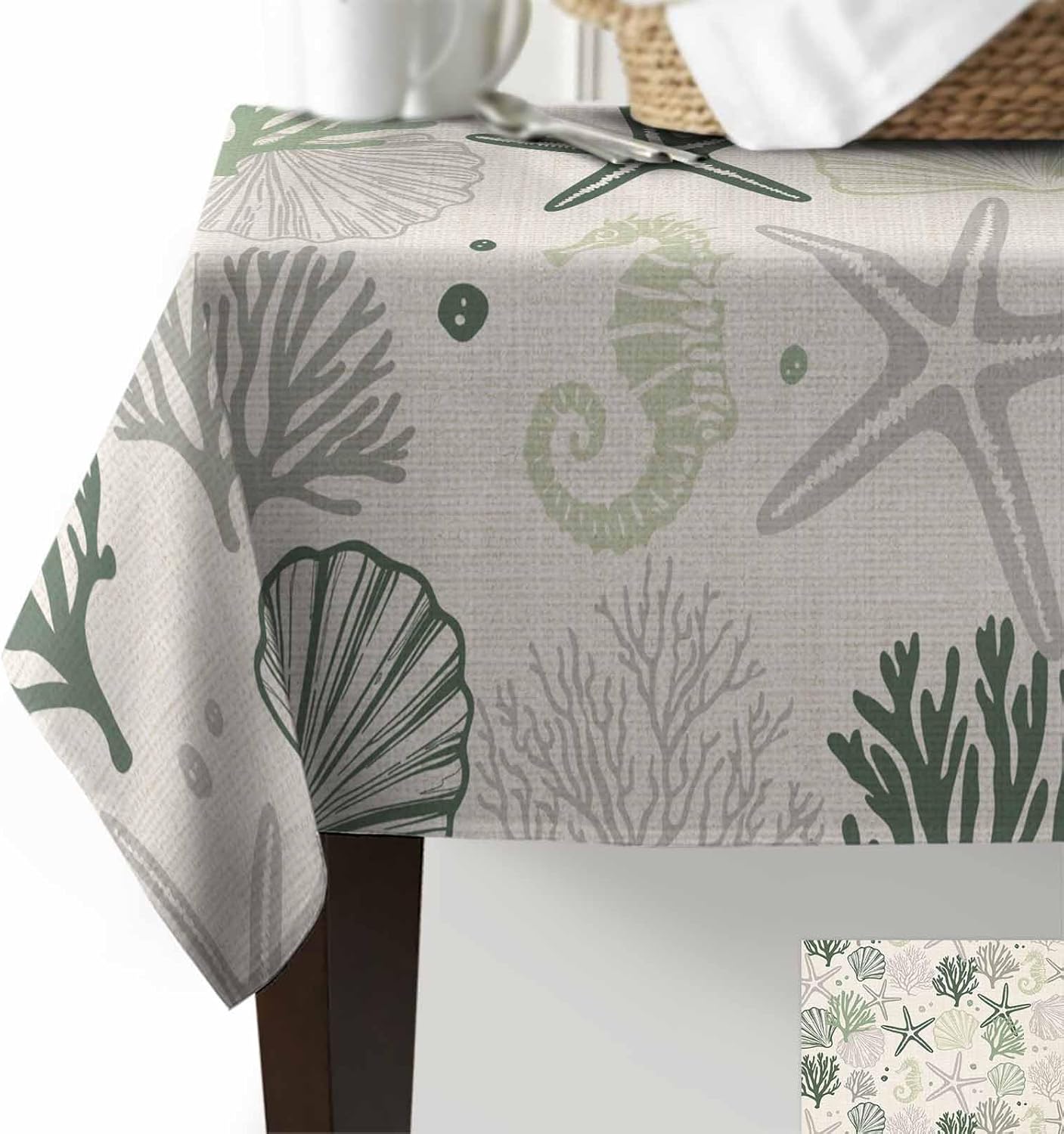Rectangle Green Coastal Tablecloth Waterproof & Stainproof Tablecloths, Ocean Coral Starfish Seahorse Farmhouse Wipeable Table Cloth for Round/Rectangle/Oval/Square/Dining/Party/Wedding, 60x84