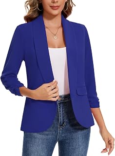 Blazer für Damen, vorne offen, 3/4-Ärmel, gerüschte Ärmel, Jacke, Anzug, einfarbig, Arbeit, Büro, Oberbekleidung, Pattentaschen