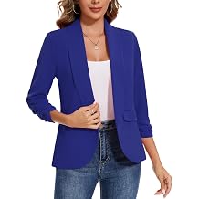 Women's Open Front Blazer 3/4 Ruched Sleeve Jacket Suit Plain Work Office Tops Coat Outerwear Flap Pockets