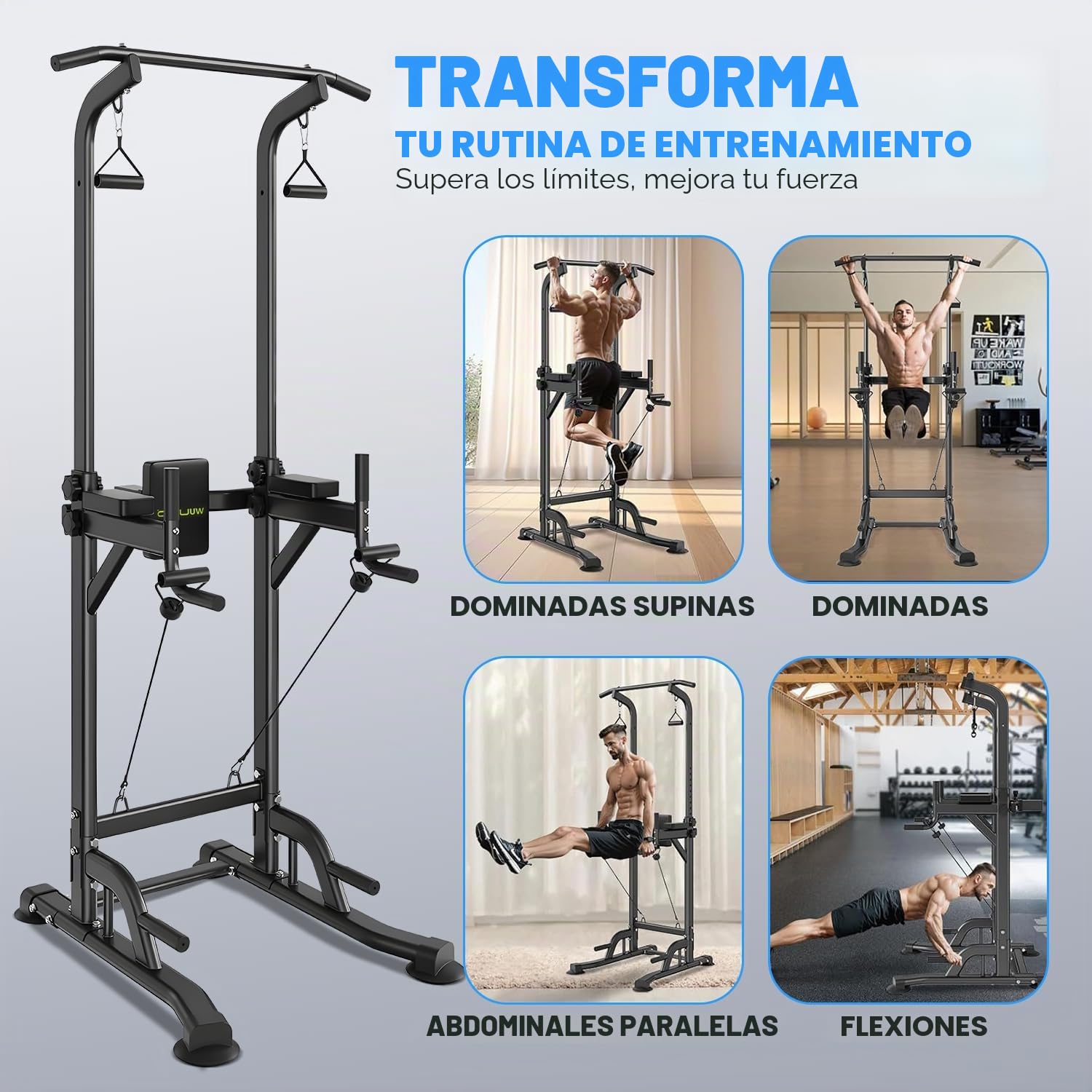 wuuhoo® Rack Multifuncional - Estación de Dips y Pull-Ups con Respaldo, Cuerda de Tracción y Cuerda de Tensión hasta 150kg de Capacidad