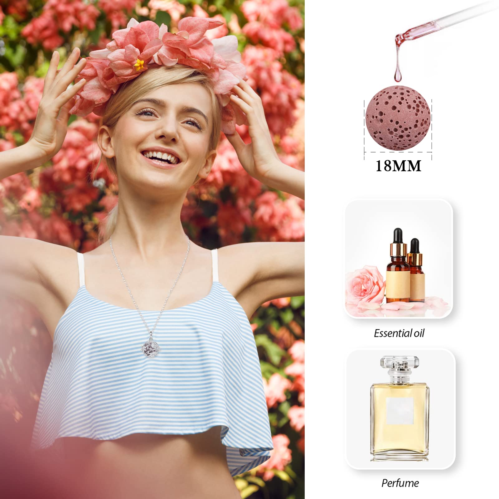 EUDORA Harmony Ball Collana Aromaterapia Ciondolo con Oli Essenziali per Donna, Collana con Diffusore Regalo di Gioielli per Ragazze con 7 Pezzi di Pietra Lavica, 24 Pollici