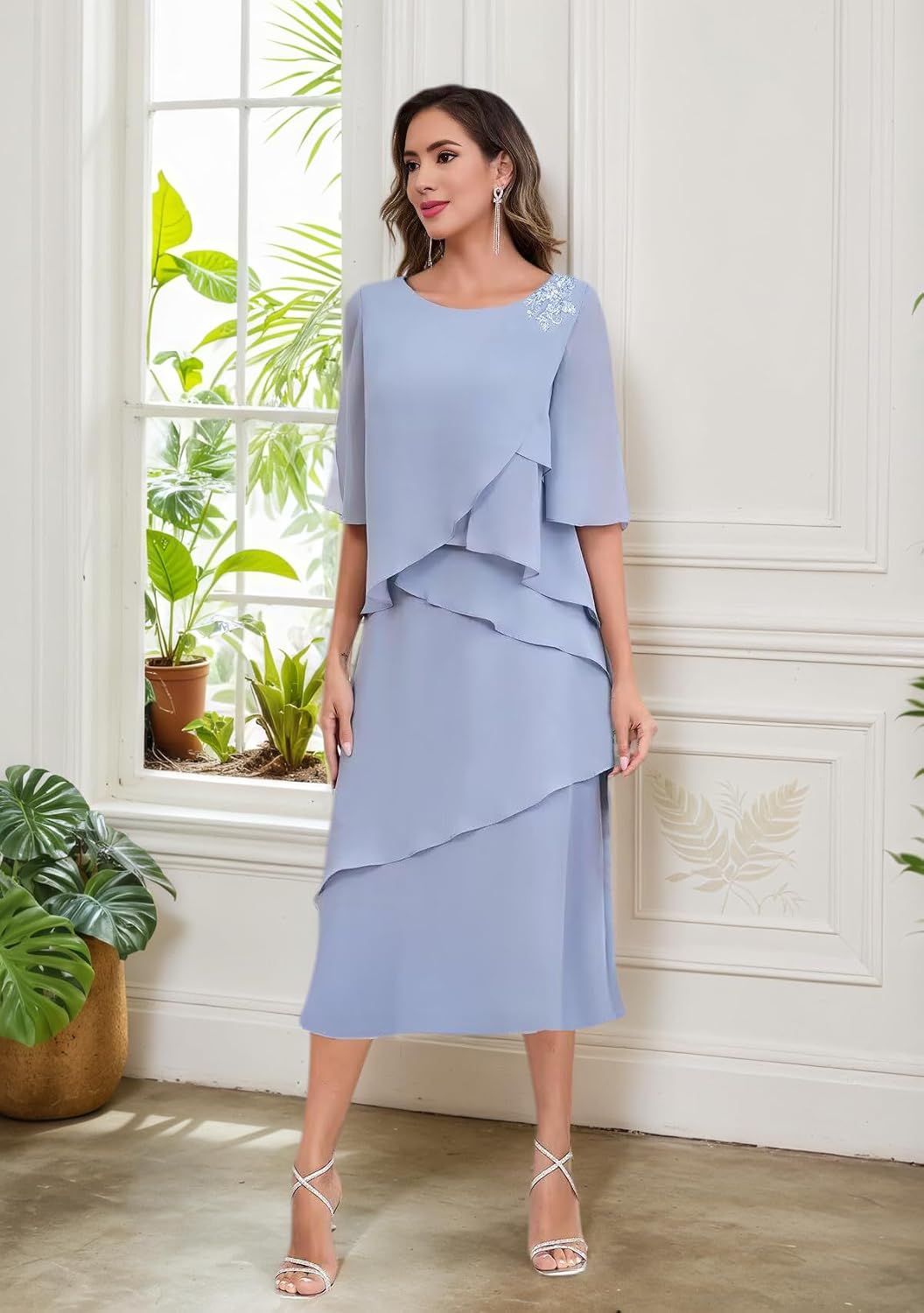 Chiffon Tea Length Mother of The Bride Dresses for Women Lace Appliques Ruffle Formal Evening Party Gowns with Sleeves