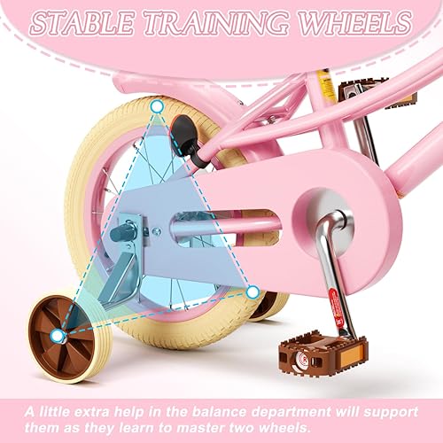 Miniatura 7 de Glaf Bicicleta para niñas de 12, 14, 16, 20 pulgadas, con ruedas de entrenamiento para niños de 2 a 12 años, bicicleta con cesta y asiento de