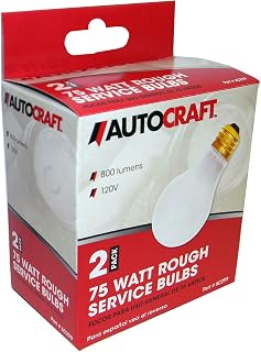 AutoCraft Rough Service Shop Light Bulbs, 75 Watts, 120 VAC, 800 Lumens, 1,500 Hour Life, 2 Pack