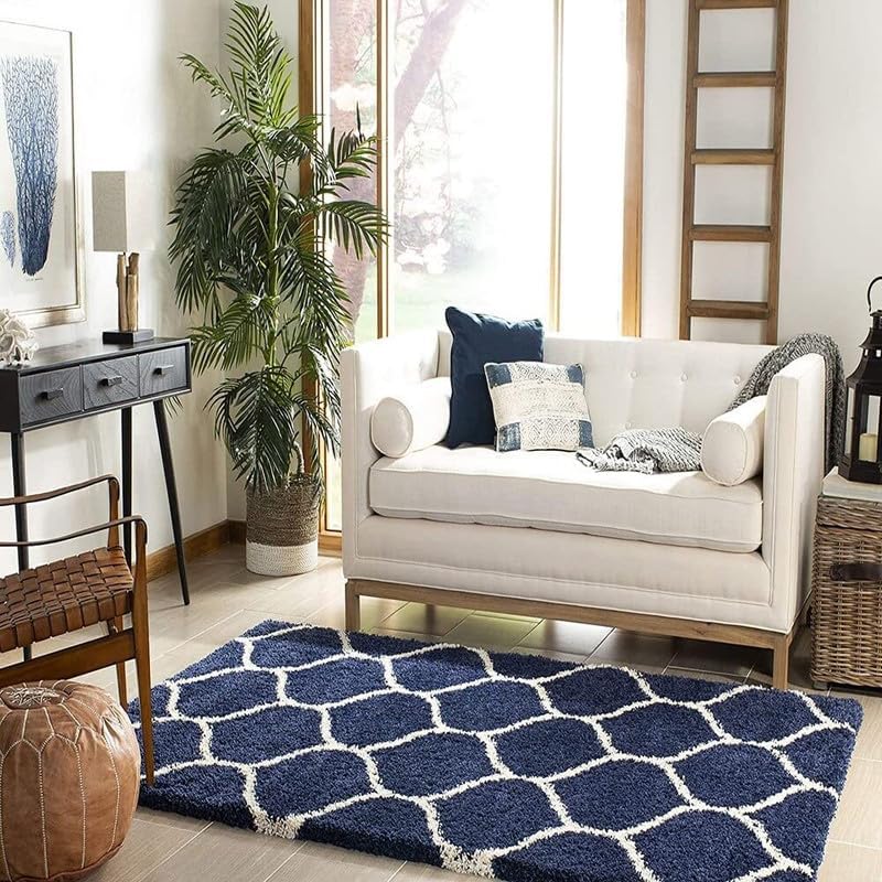 Image of Carpet for Living Room 5X7 FEET Modern Soft Shaggy Carpet Thick, Fluffy & 2 inch Pile Shag Rug for Your Kids Room, Bedroom & Livingroom (Blue Moroccan)
