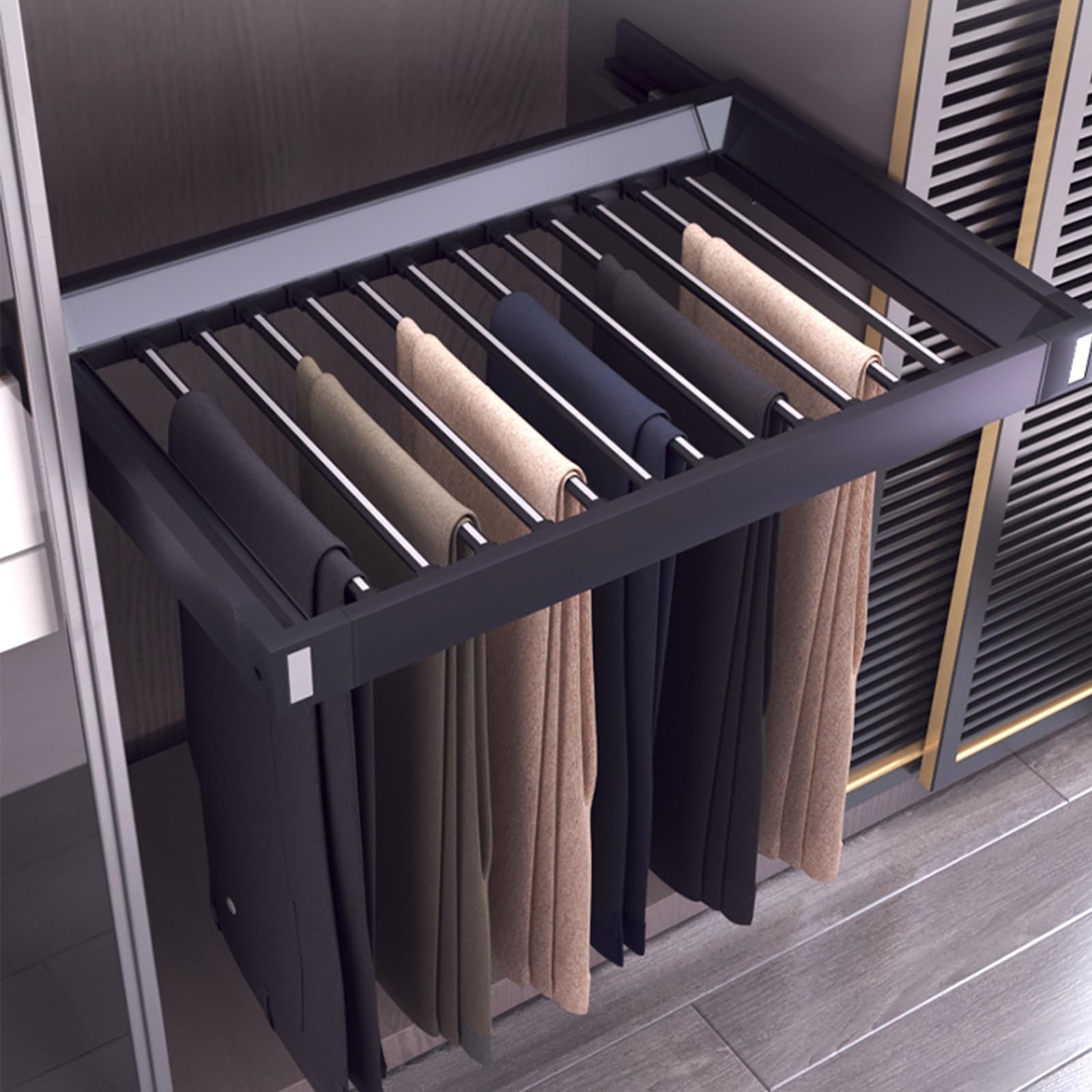 OLSKFUH Pull-Out Trouser Rack Removable Pull-Out Rack Wardrobe Storage Expandable Space Saving Drawer-Style Hanger Rod Rolling Trolley,Adjustable Sliding Trouser Rack For Wardro,Black-45-60cm