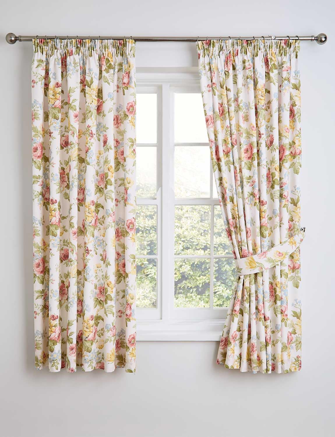 Vantona Elizabeth Lined Curtains with Tie Backs, Elegant Floral Design 66" x 72" Multi 72" Drop