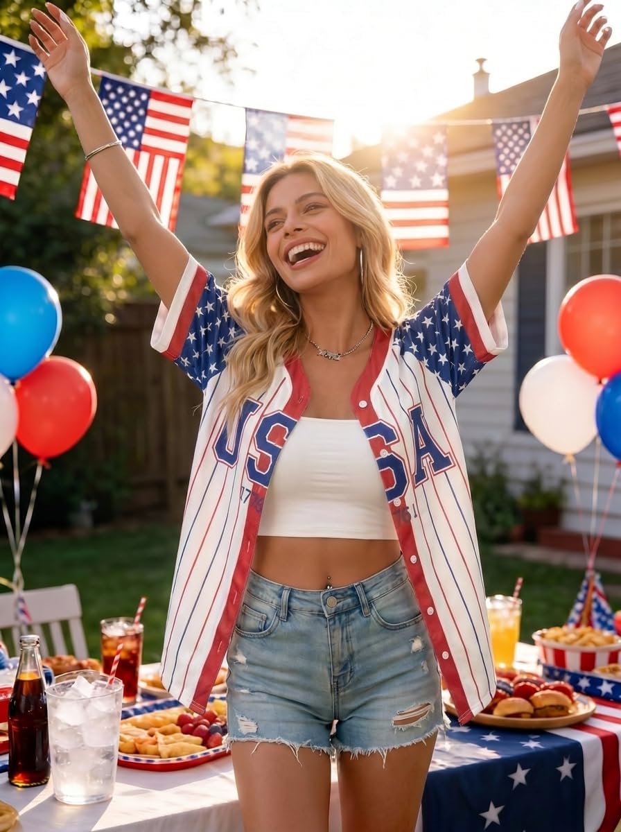 USA Flag Baseball Jersey for Women 4th of July Button Down Shirt