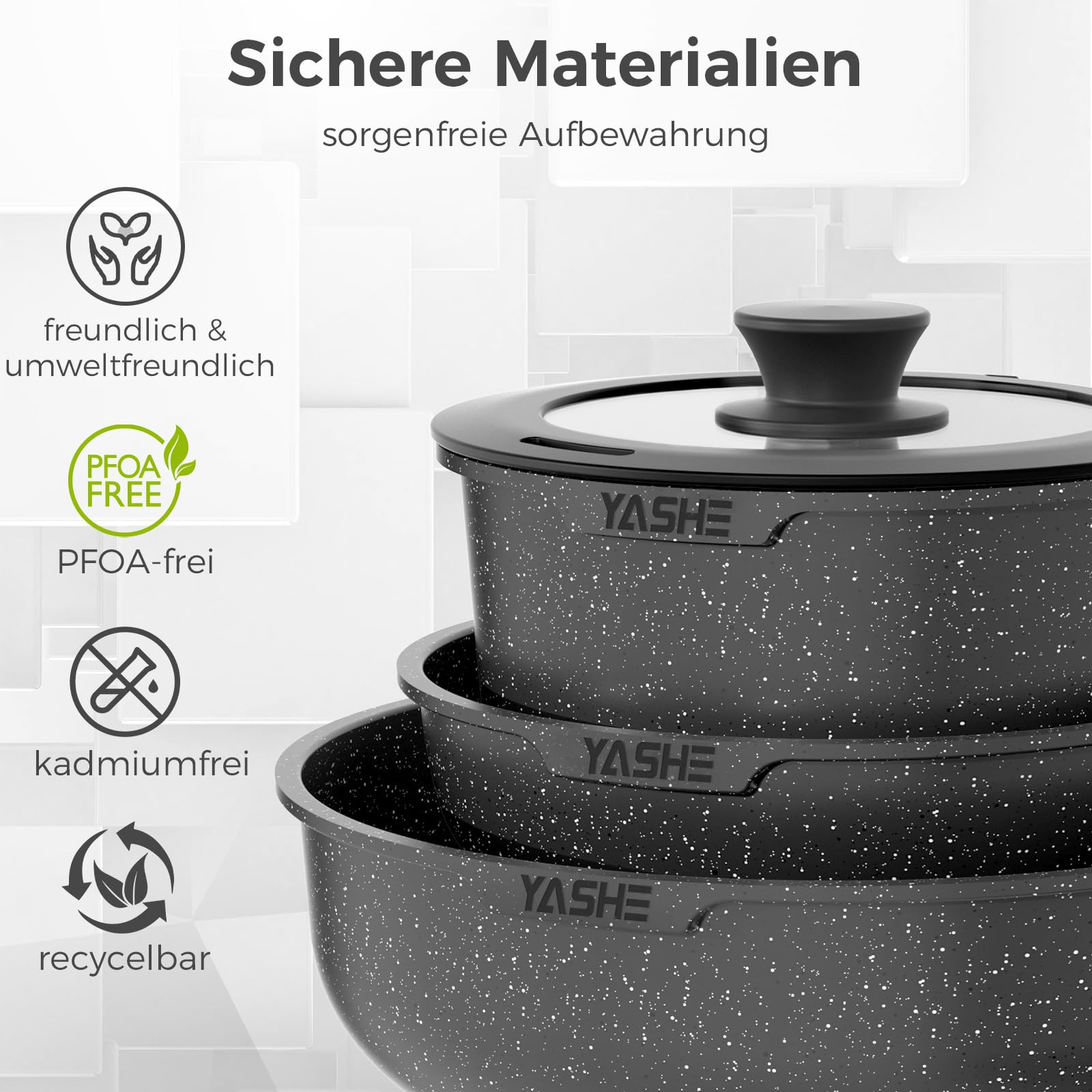 YASHE 9-teiliges Topf und Pfannenset, Antihaft-Kochgeschirr set,stapelbares TöPfe Set, Für Alle Herdarten, Abnehmbarer Griff, Ofenfest, Stapelbar Platzsparend, Schwarz, Grau