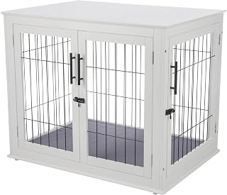 Heavy Duty Dog Crate Furniture - 36 Inch Wooden Kennel for Small, Medium, and Large Dogs - Decorative Pet House End Table with Double Doors - Pet Accessories by PETMAKER (White)