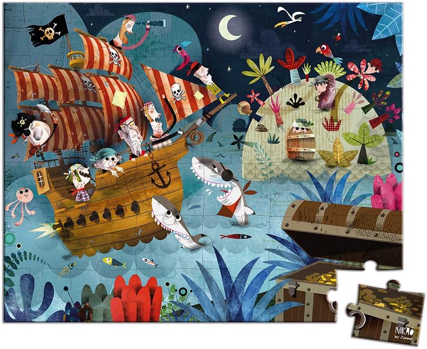 Janod 36 Piece Pirate Ship Treasure Hunt Puzzle Toy – Mini Suitcase Styled Box for Organized Storage – Store Everything Inside and Transport Wherever You Go – Cognitive Development – Ages 4-7