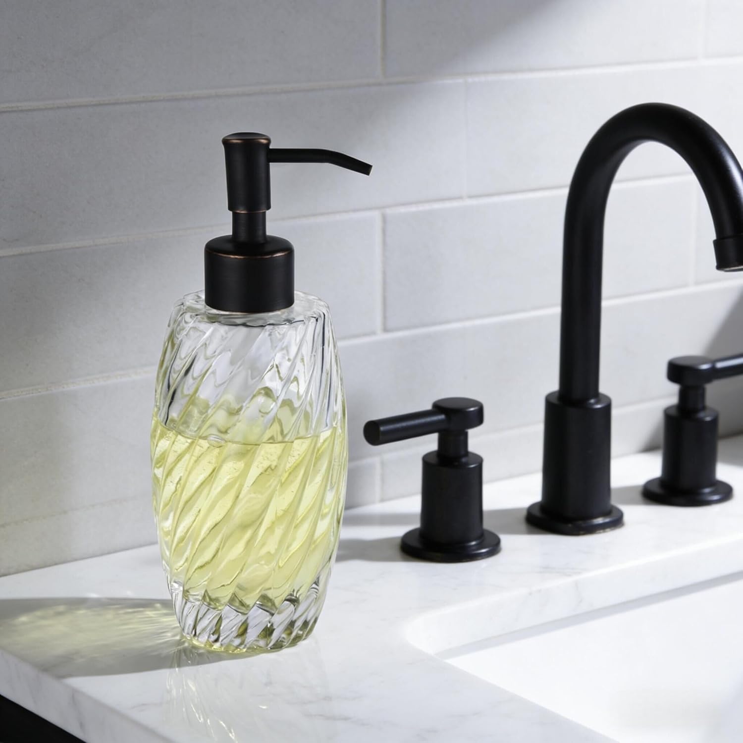 Delle Rosa Countertop Glass Soap Dispenser Oil Rubbed Bronze Clear Glass Bottle Dispenser for Kitchen, Bathroom Essential Oils, Lotions, Liquid Soaps - Image 6