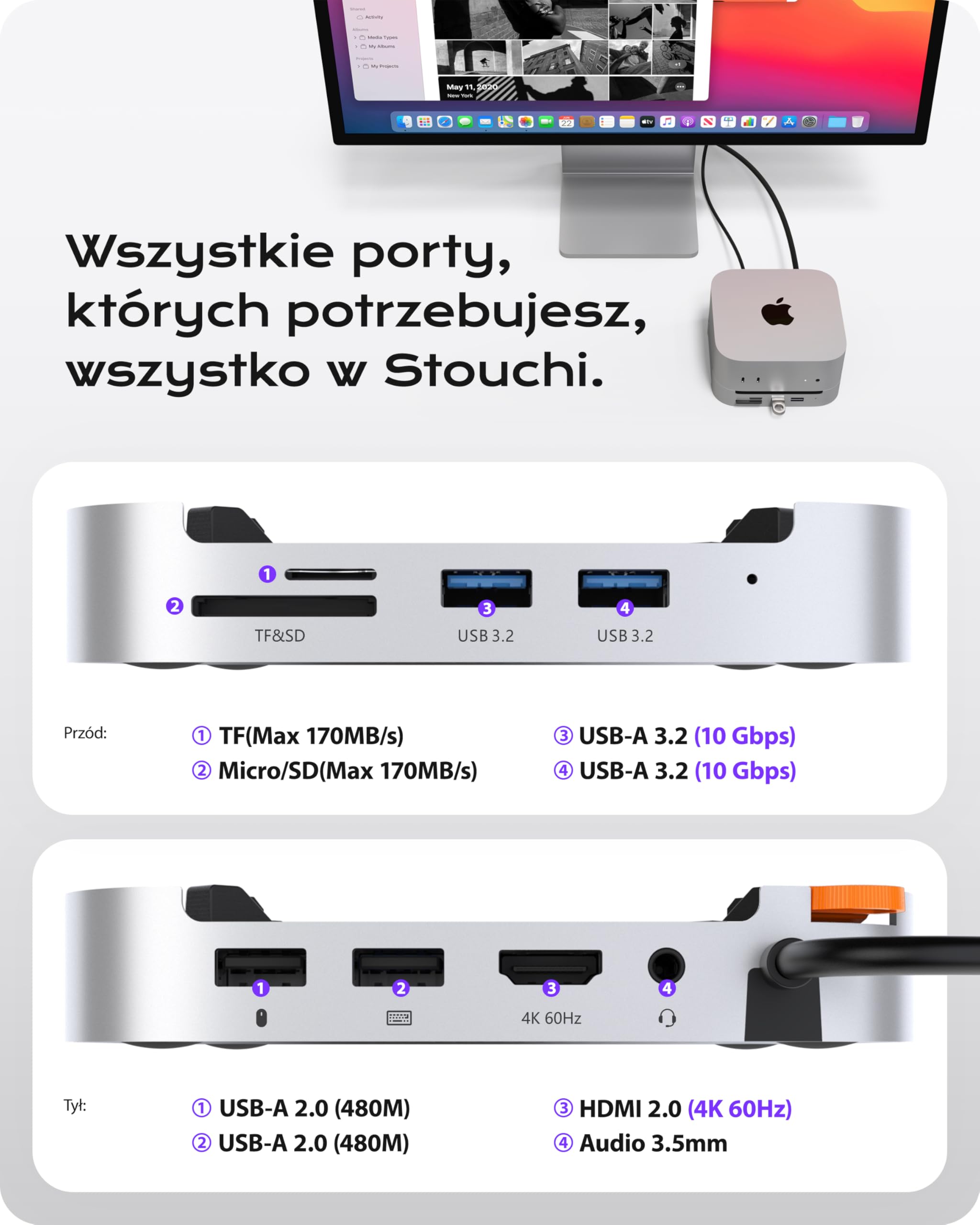 Stouchi Stacja dokująca do Mac mini M4/Pro 2024, obudowa SSD NVMe/SATA 8 TB, HDMI 4K@60Hz, 2 USB-A 10 Gbps, 2 USB-A Data, czytnik kart SD/TF, dźwięk 3,5 mm, przycisk zasilania i stabilne Wi-Fi