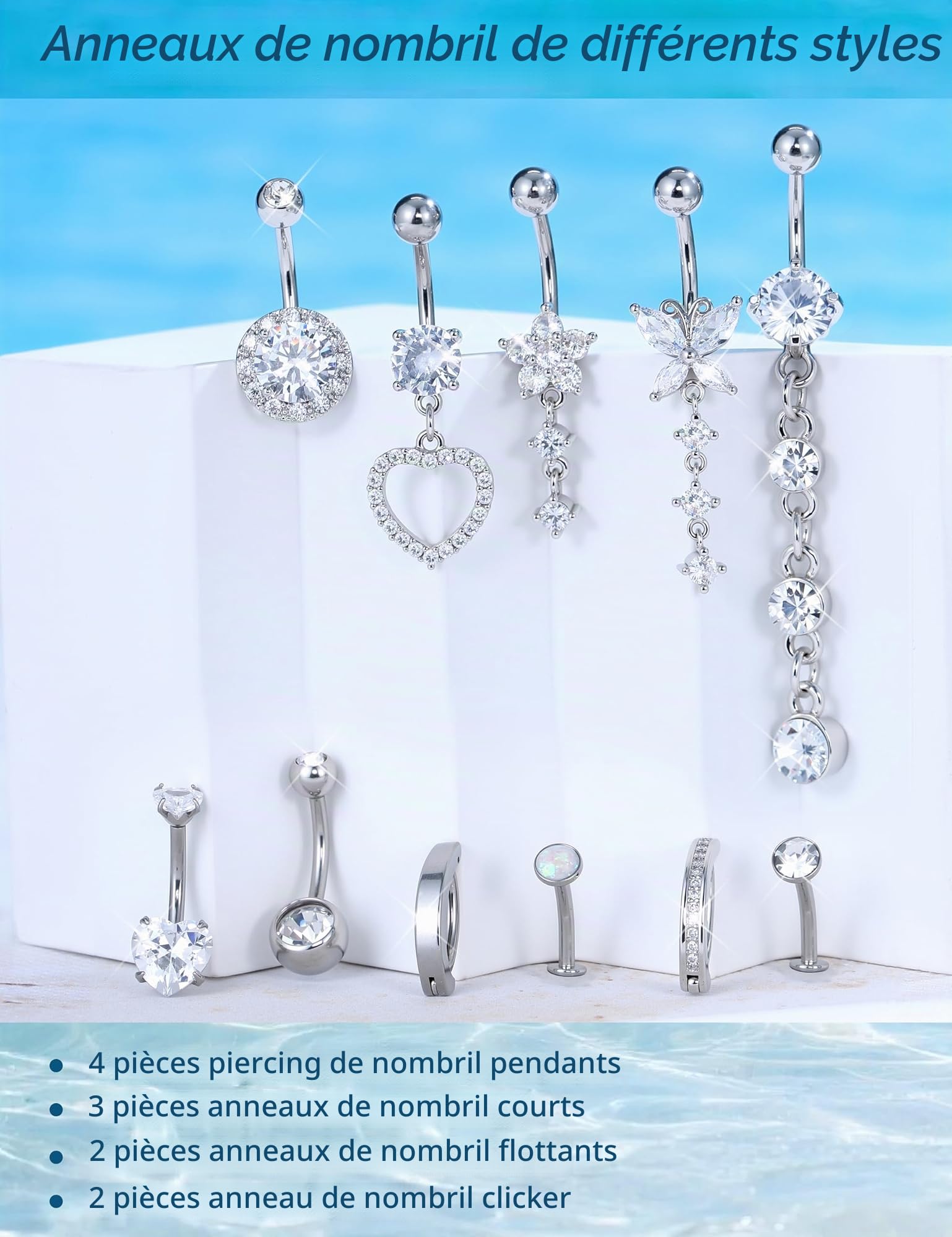 Chriscoco 10pcs 14G Piercing Nombril Acier Chirurgical Or Argent Zircon Coeur Opale Papillon Pendant Piercing Nombril Anneau Piercings Bijoux pour Femme