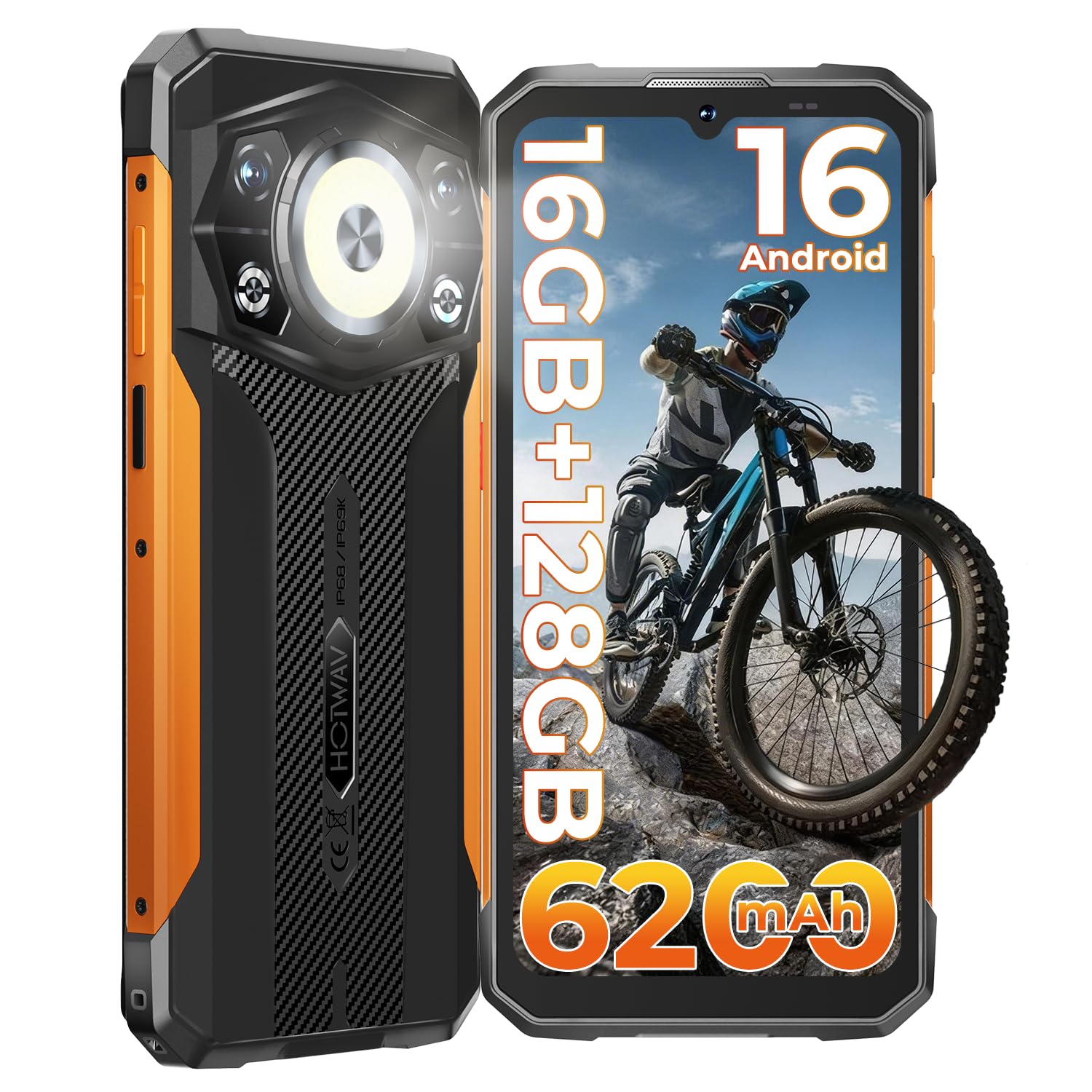 HOTWAV Cyber 17 Rugged Smartphone Android 16 Telefono Indistruttibile | 16GB+128GB/2TB TF/Octa-core Cellulare Robusto, 6200mAh 6.75" HD+ 48MP+16MP, Gemini AI, NFC/Face ID/OTG/GPS/Dual SIM 4G