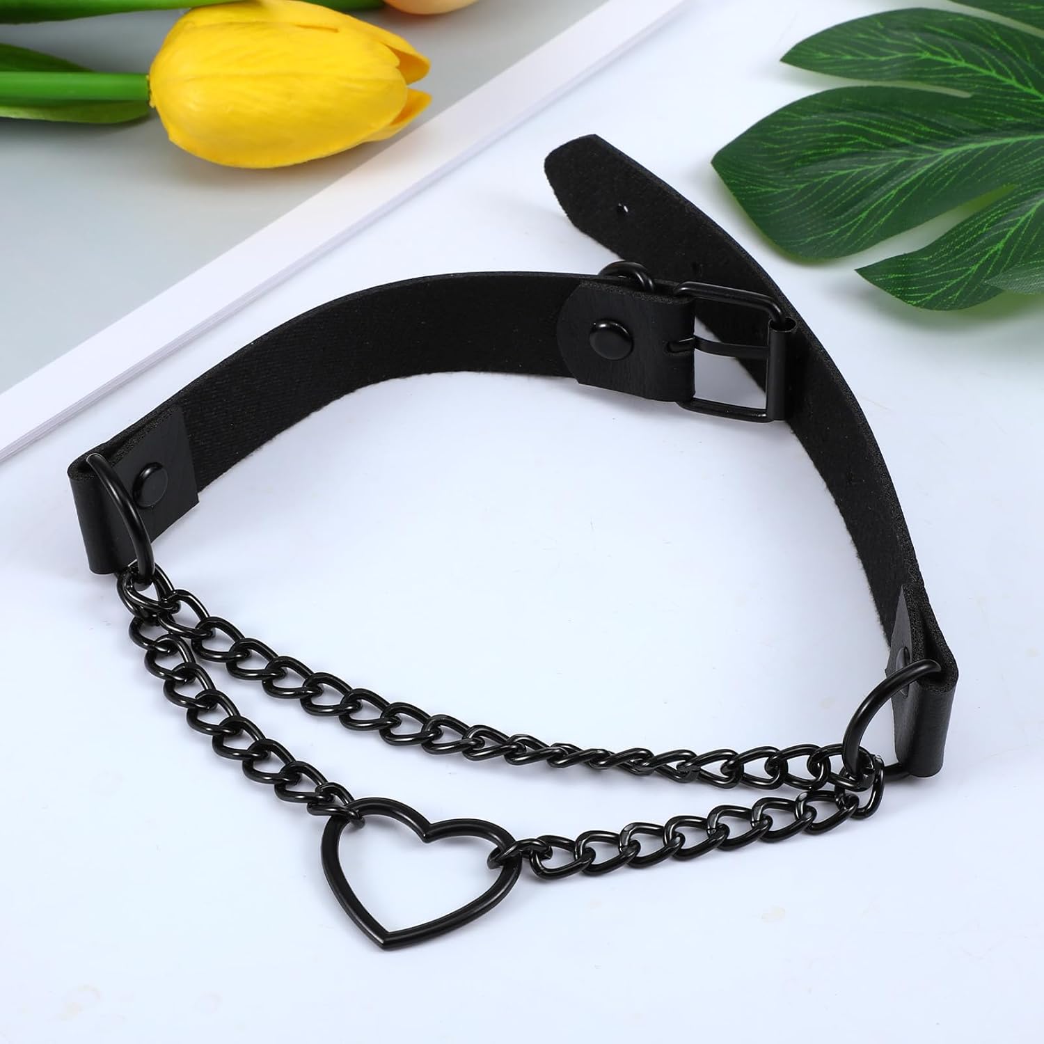 Black Leather Choker Necklace for Women, Heart Chain Choker Punk Goth Chokers for Women, Adjustable PU Collar Gothic Jewelry Accessories, Goth Necklace Halloween Cosplay Jewelry (17.72 inches) - Image 3