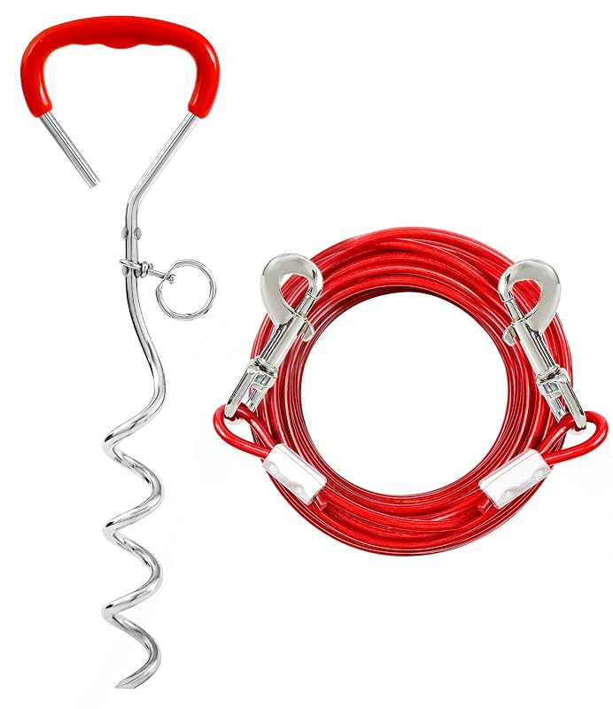 Guia de contenção para cães com estaca espiral e cabo revestido Snagle Paw 6,1 m Vermelho