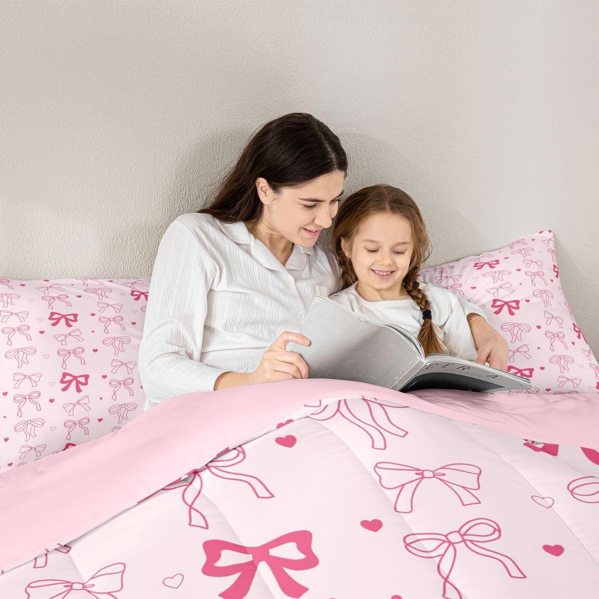 Feelyou Pink Bowknot Kids Comforter Set Full Size Bow tie Bedding Set Kawaii Bow Duvet Quilt for Kids Boys Girls Bedroom Cute Love Heart Decor Microfiber Ultra Soft Breathable