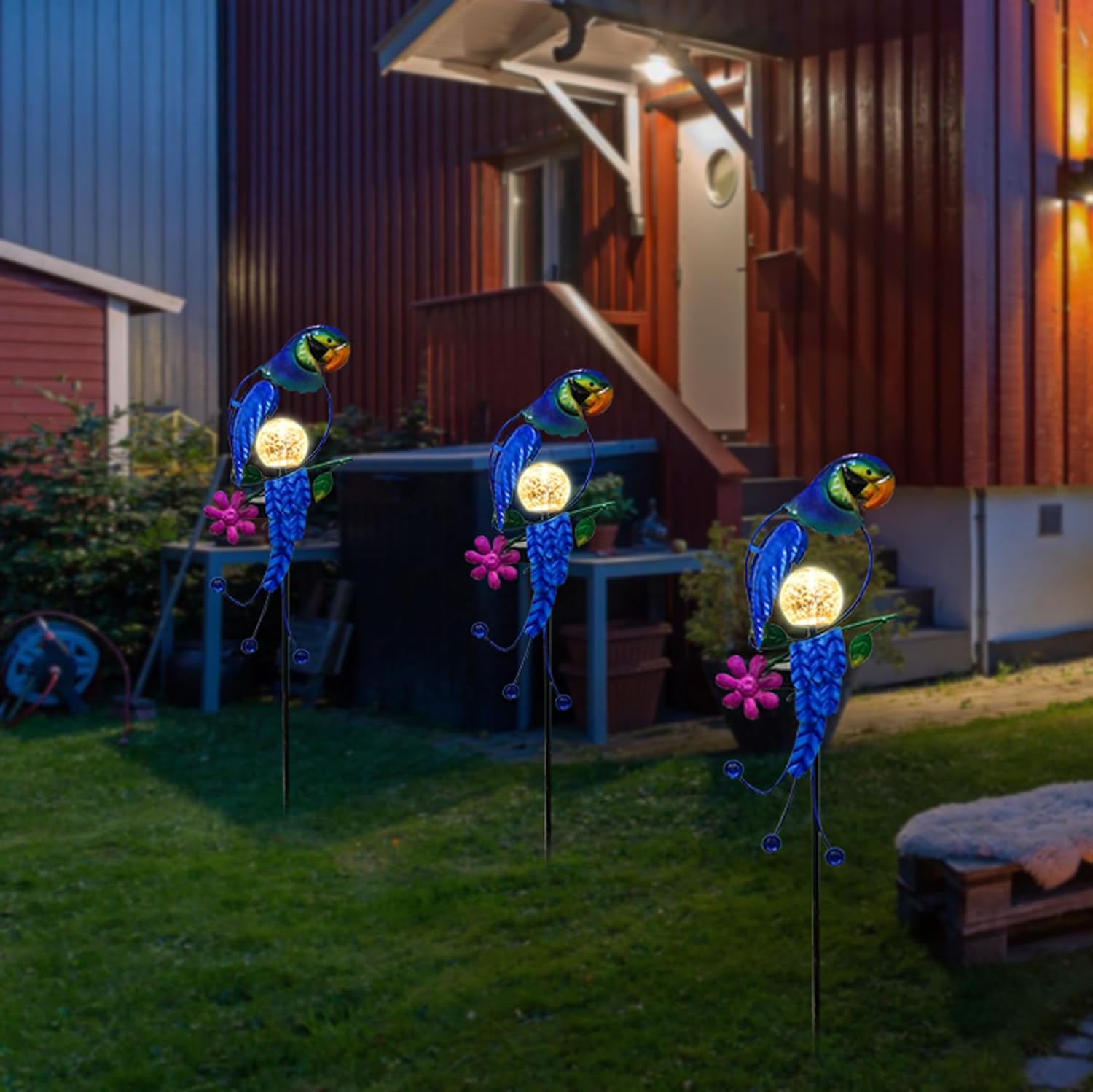 SmilingTown Solar Parrot Stake Lights Crackle Glass Globe Landscape Lamps Antique Metal Waterproof Decorative Light for Outdoor Pathway Lawn Patio Yard Warm White