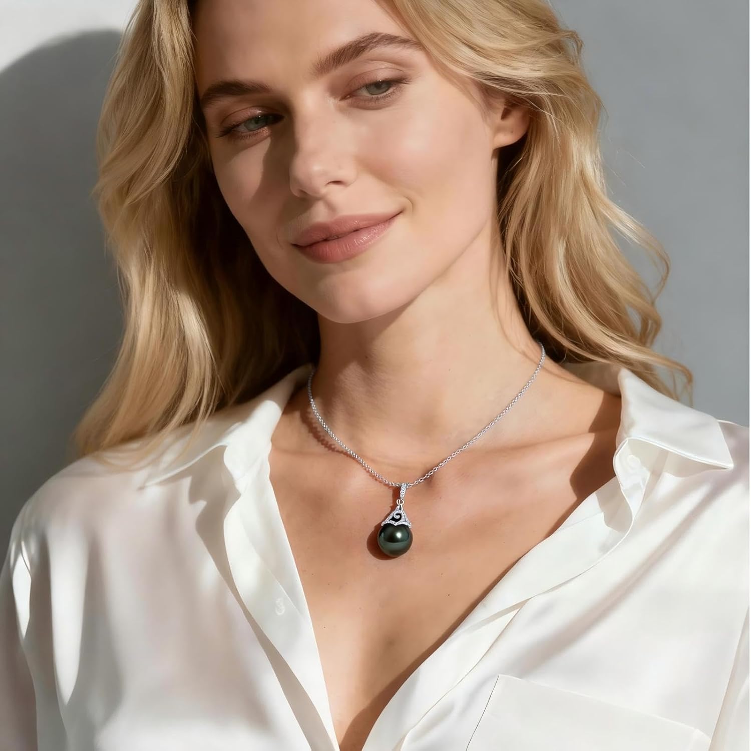 Natural Tahitian Black Pearl Necklace - 9-12mm AAAA Seawater Pearl with Sterling Silver Moissanite Pendant, Christmas Gift for Wife Mom Daughter Women, Jewelry Gifts for Wedding Anniversary Birthday - Image 2