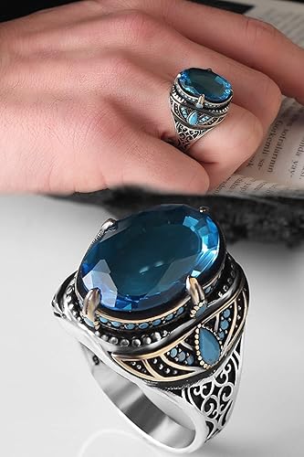 Miniatura 2 de BayVog 925 Sterling Silver Blue Topaz Gemstone Men's Silver Ring, Handmade Engraved Man Silver Ring gifts for men handmade rings valentines day