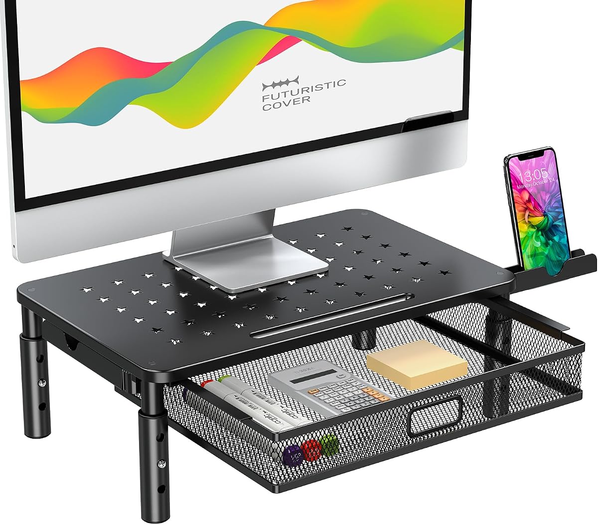 Monitor Stand Riser with Metal Mesh Drawer, Height Adjustable | Monitor Riser with Phone Holder for Computer, Laptop, Printer, Notebook, Metal Computer Monitor Stand with Storage