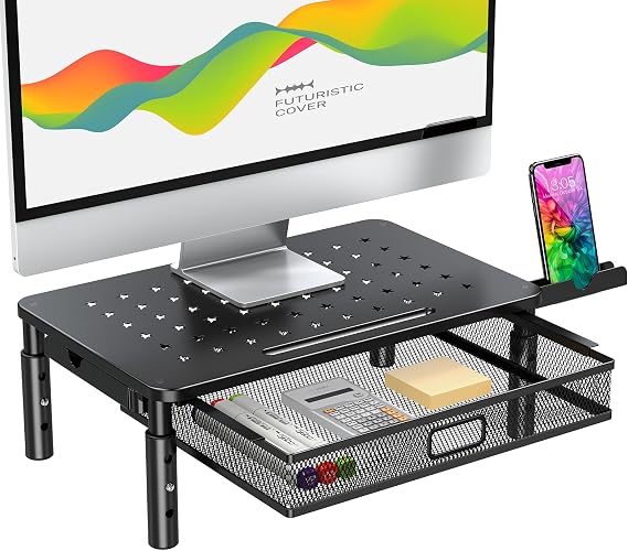 Zimilar Monitor Stand Riser With Metal Mesh Drawer, Height Adjustable | Monitor Riser With Phone Holder For Computer, Laptop, Printer, Notebook, Metal Computer Monitor Stand With Storage
