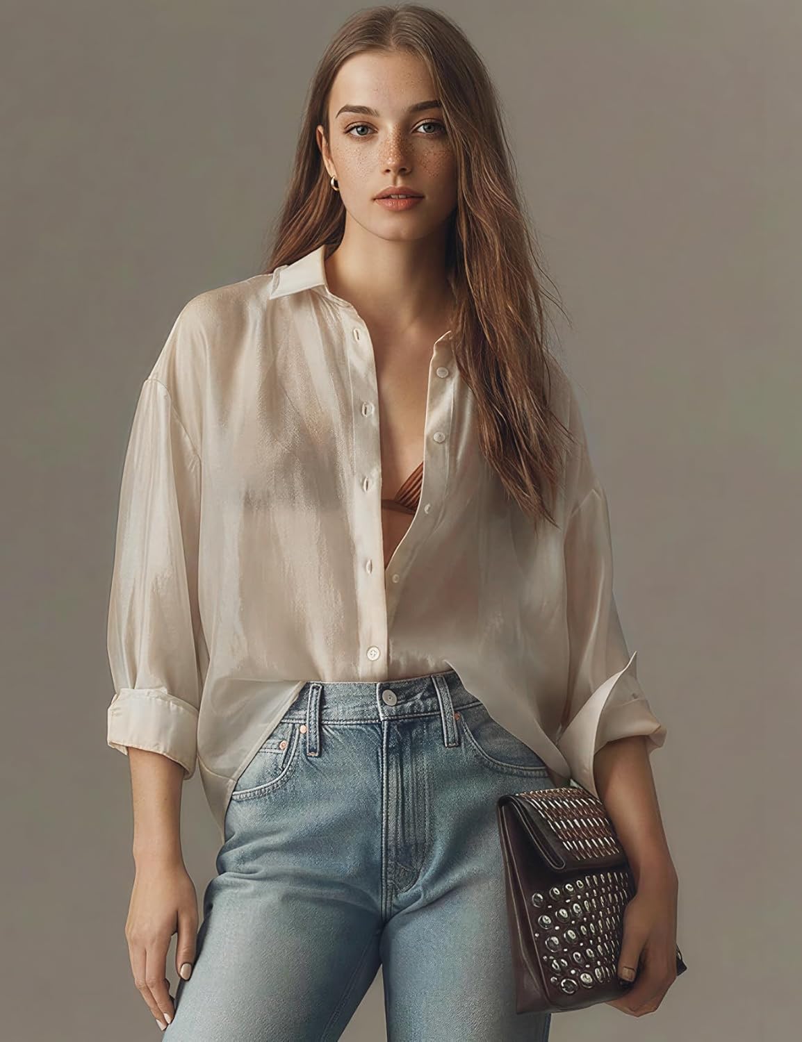 Wyeysyt Womens Shiny Sheer Blouse Top Sexy Mesh Shirt See Through Long Sleeve Shirts Button Down Collared Tops