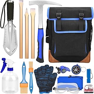 17 PCS Geology Rock Hammer Kit, 32oz Rock Pick Hammer, 3PCS Digging Chisels,Rock Hounding Tools with Multi-Function Shovel, Backpack, Brushes, Gloves, Goggles, Whistle, Compass, Loupe, Spray Bottle