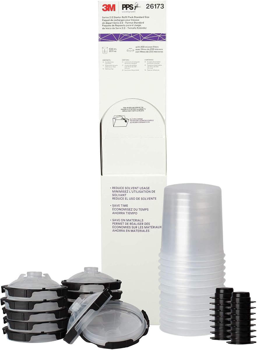 Kit de recarga del sistema de pistola pulverizadora de pintura 3M PPS 2.0 con tapas y revestimientos, 26173 | 22 onzas; Filtro estándar de 200 micras; 12 tapas y revestimientos desechables; 16 tapones de sellado; uso para automóviles; Muebles; Hogar y más