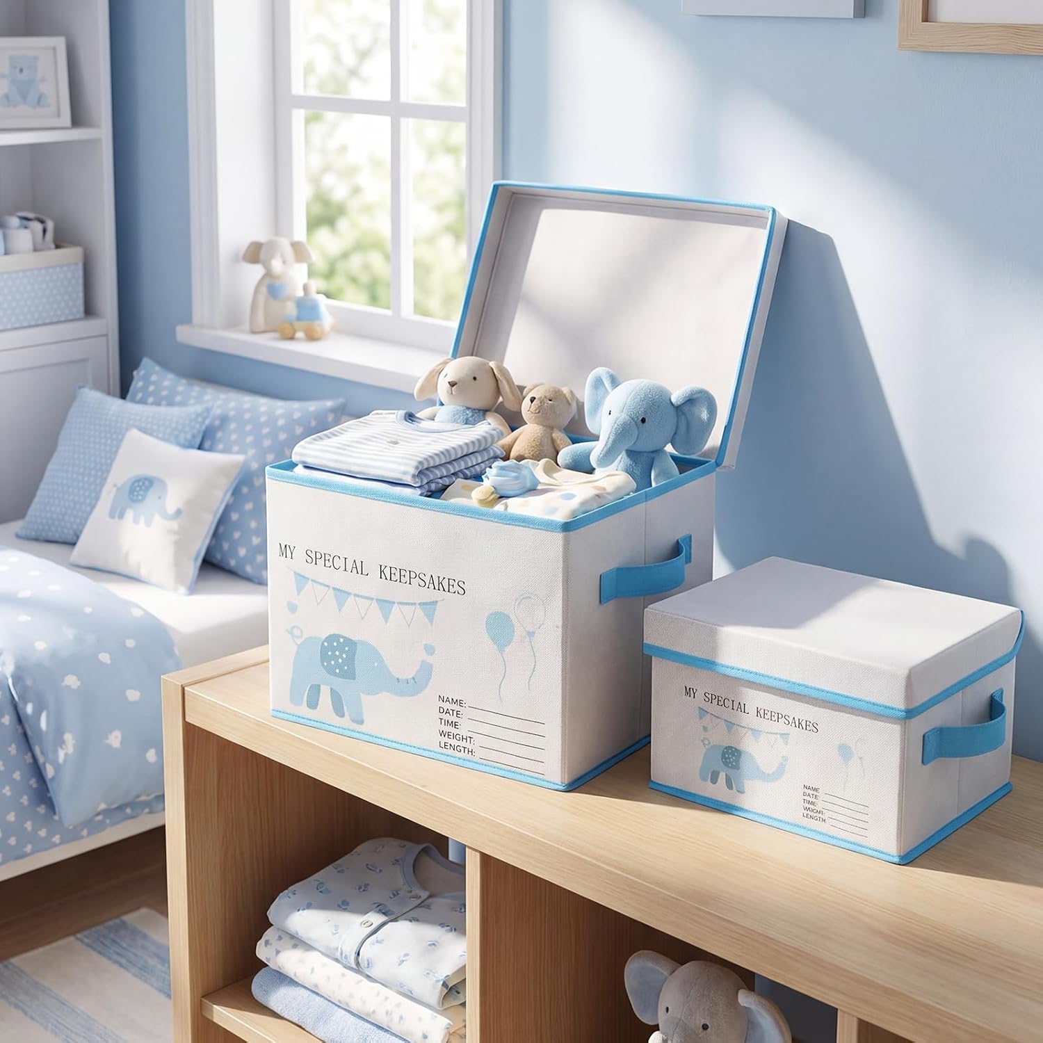 LemonRoad Baby Memories Keepsake Box with Lid 12.6/8.66 Inch Baby Shower Elephant First Keepsake Box New Parent Newborn Baptismal Birthday Gift for Mementos Travel Loved Ones Treasured Keepsakes