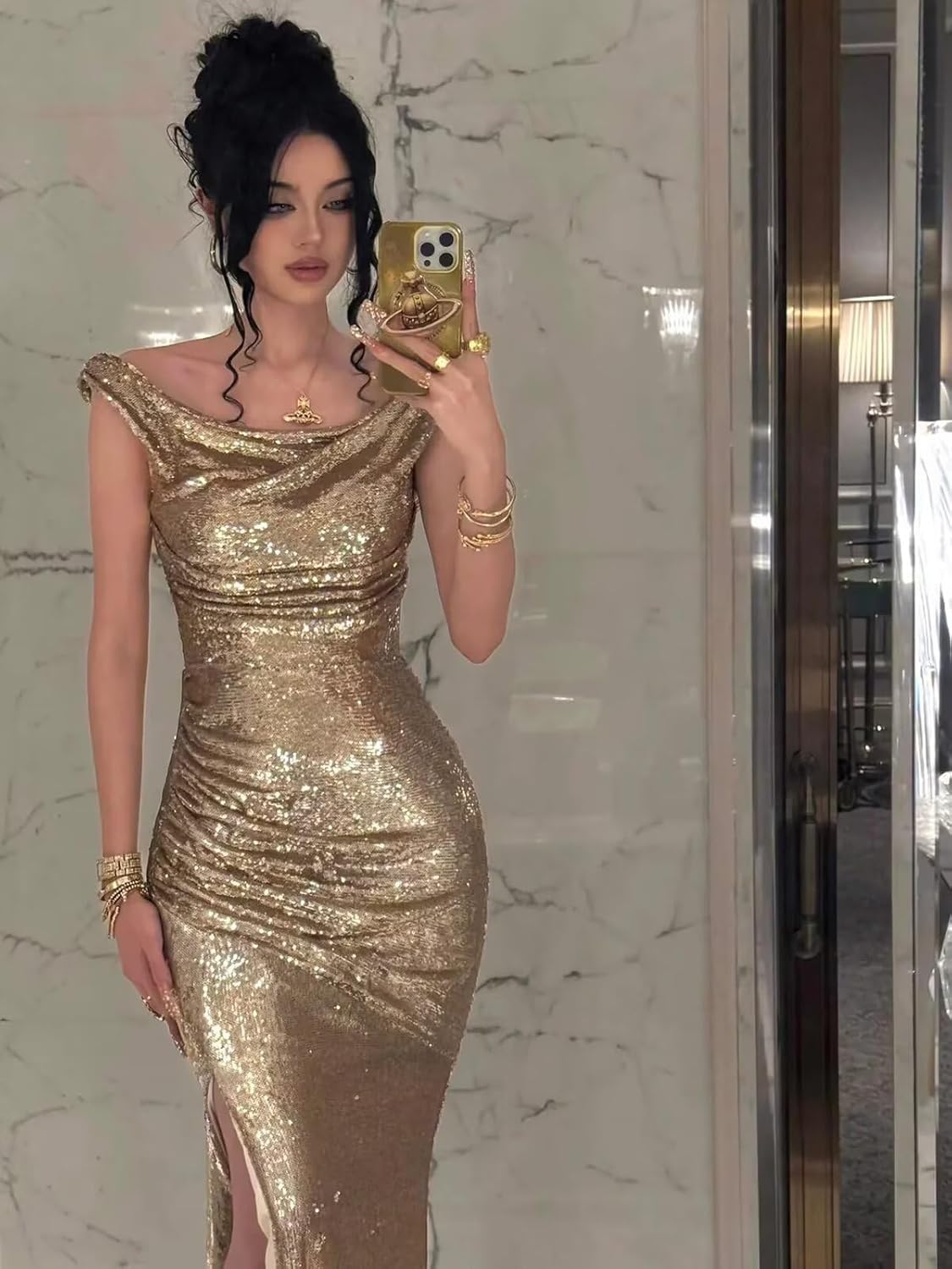 Off the Shoulder Mermaid Prom Dress Long with Slit Sparkly Sequin Formal Dresses Evening Gowns for Women