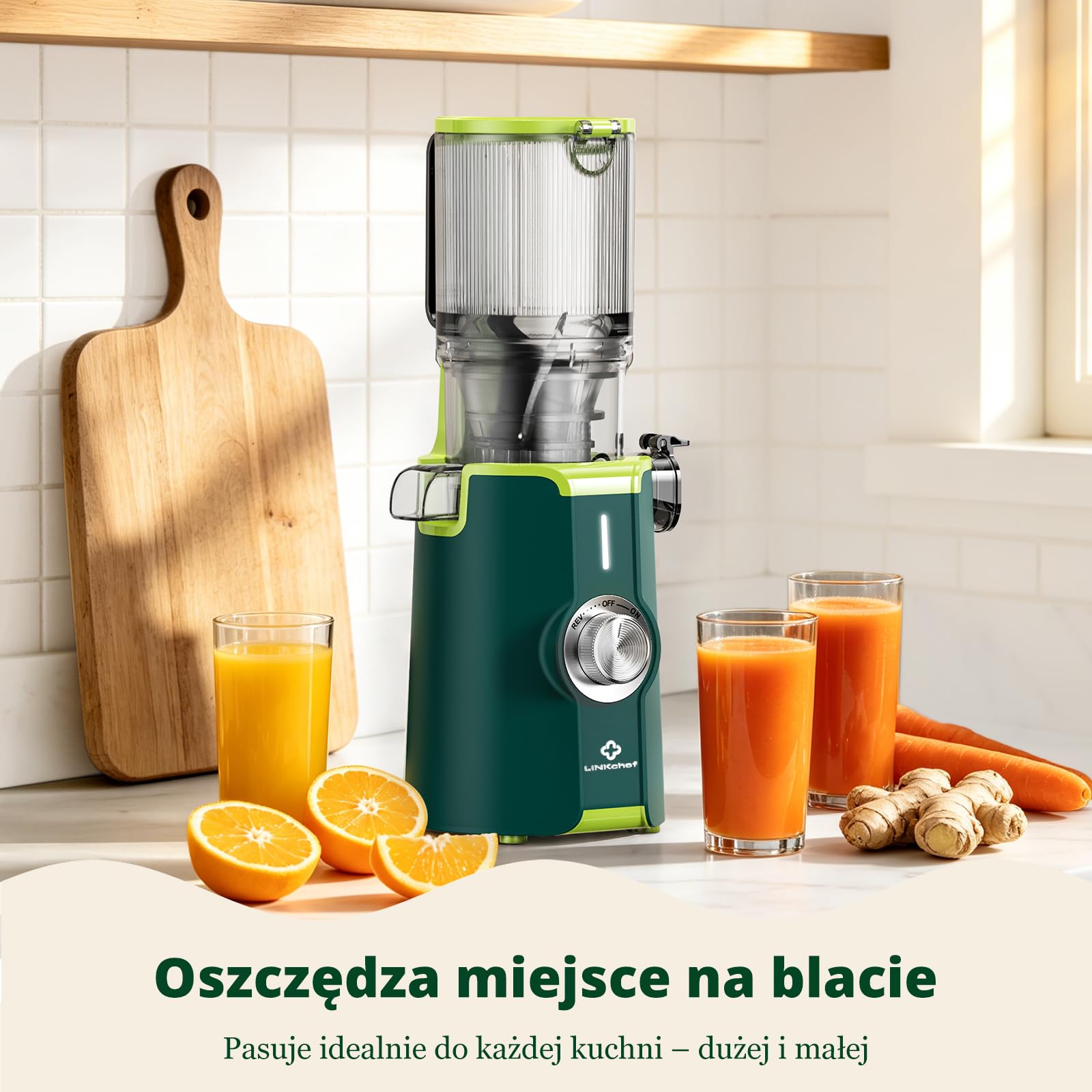 LINKChef Sokowirówka wolnoobrotowa, elektryczna wyciskarka do całych warzyw i owoców, łatwa instalacja, nie zawiera BPA, 115 mm, 200W, Zielony