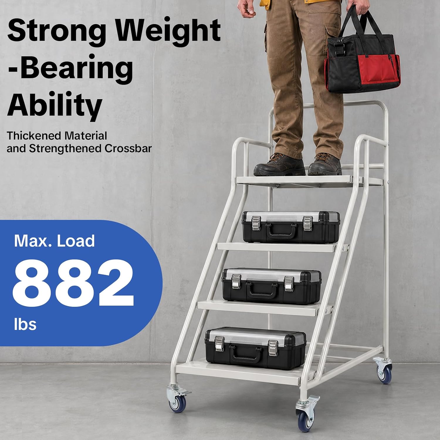 4 Step Rolling Ladder with Wheels, 881lbs Capacity Industrial & Warehouse Stairs with 4 Locking Casters and Anti-Slip Tread Heavy-Duty Ladder Rolling Safety Ladders for Warehouse, Library, and Home