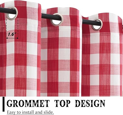 Vista 3 de Jubilantex Paneles de cortina semitransparentes a cuadros rojos y blancos, cortinas texturizadas a cuadros, cortinas de ventana de granja con ojales
