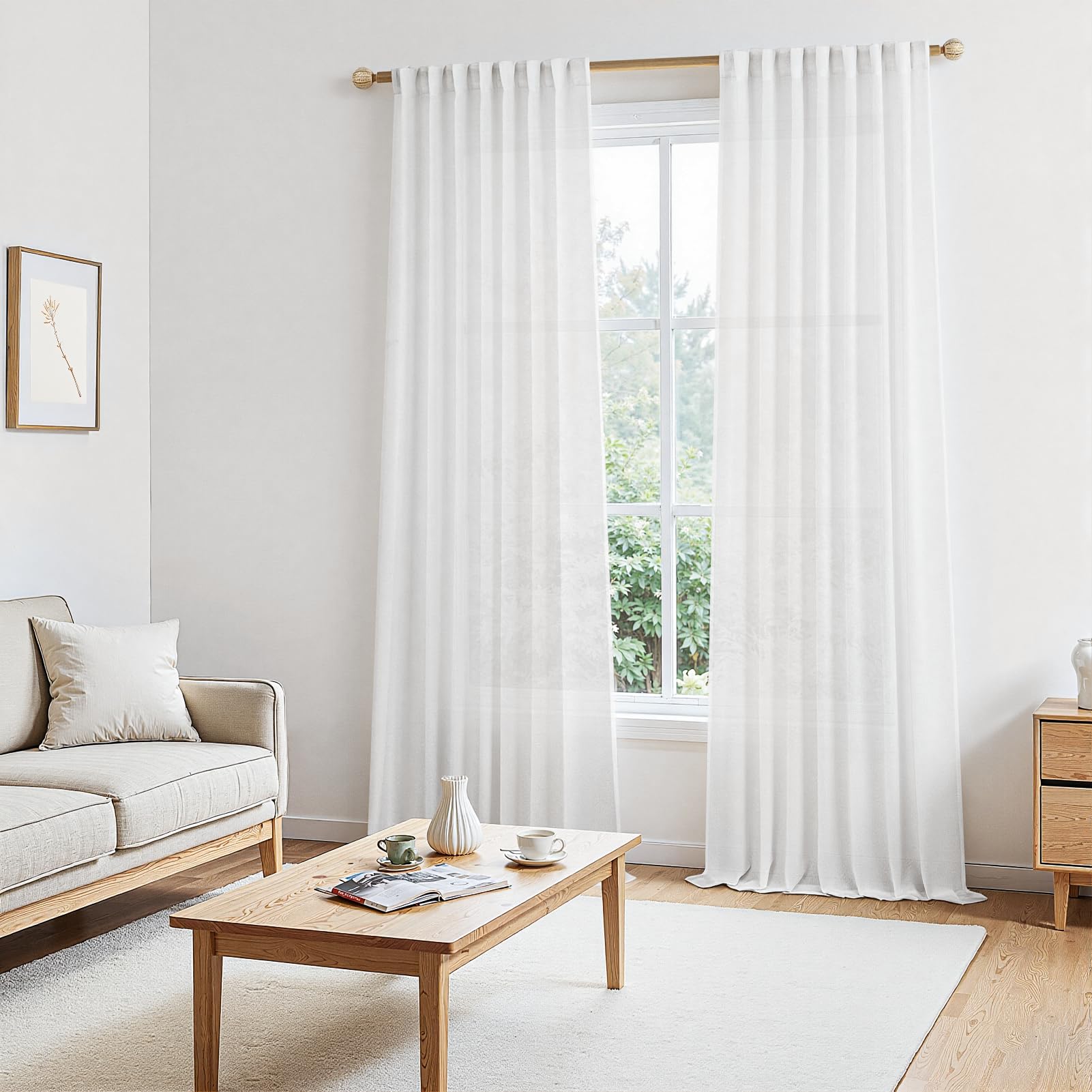 MRTREES Rideau Voilage Blanc Effet Lin Voile Semi-Transparent Rideaux Voilages Porte Fenetre Intérieurs Passe Tringle pour Salon Chambre Salle à Manger Baie Vitrée, Lot de 2, 140x250 cm