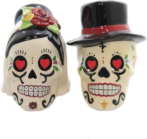 Pacific Giftware Salero y pimentero de cerámica con diseño de calaveras y novios del Día de los Muertos